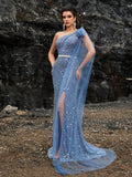 Royal Blue Beaded One-Shoulder Mermaid Gown with Sheer Cape