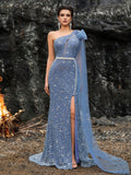 Royal Blue Beaded One-Shoulder Mermaid Gown with Sheer Cape