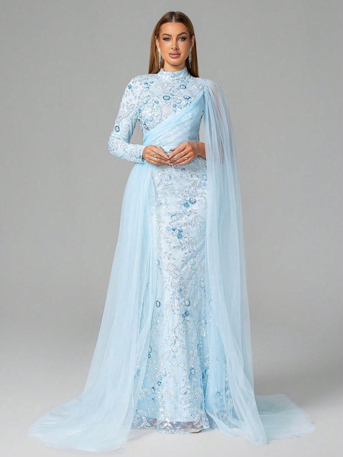 Crystal Embroidered Mermaid Gown with Sheer Cape