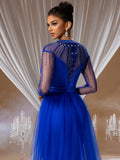 Royal Blue Illusion Neck Beaded Long Sleeve Evening Gown