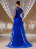 Royal Blue Illusion Neck Beaded Long Sleeve Evening Gown