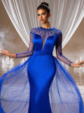 Royal Blue Illusion Neck Beaded Long Sleeve Evening Gown