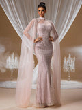 Sequin Mermaid Gown with Sheer Cape