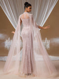 Sequin Mermaid Gown with Sheer Cape