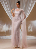 Sequin Mermaid Gown with Sheer Cape