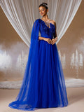 Royal Blue One-Shoulder A-Line Gown with Sheer Cape