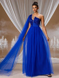 Royal Blue One-Shoulder A-Line Gown with Sheer Cape