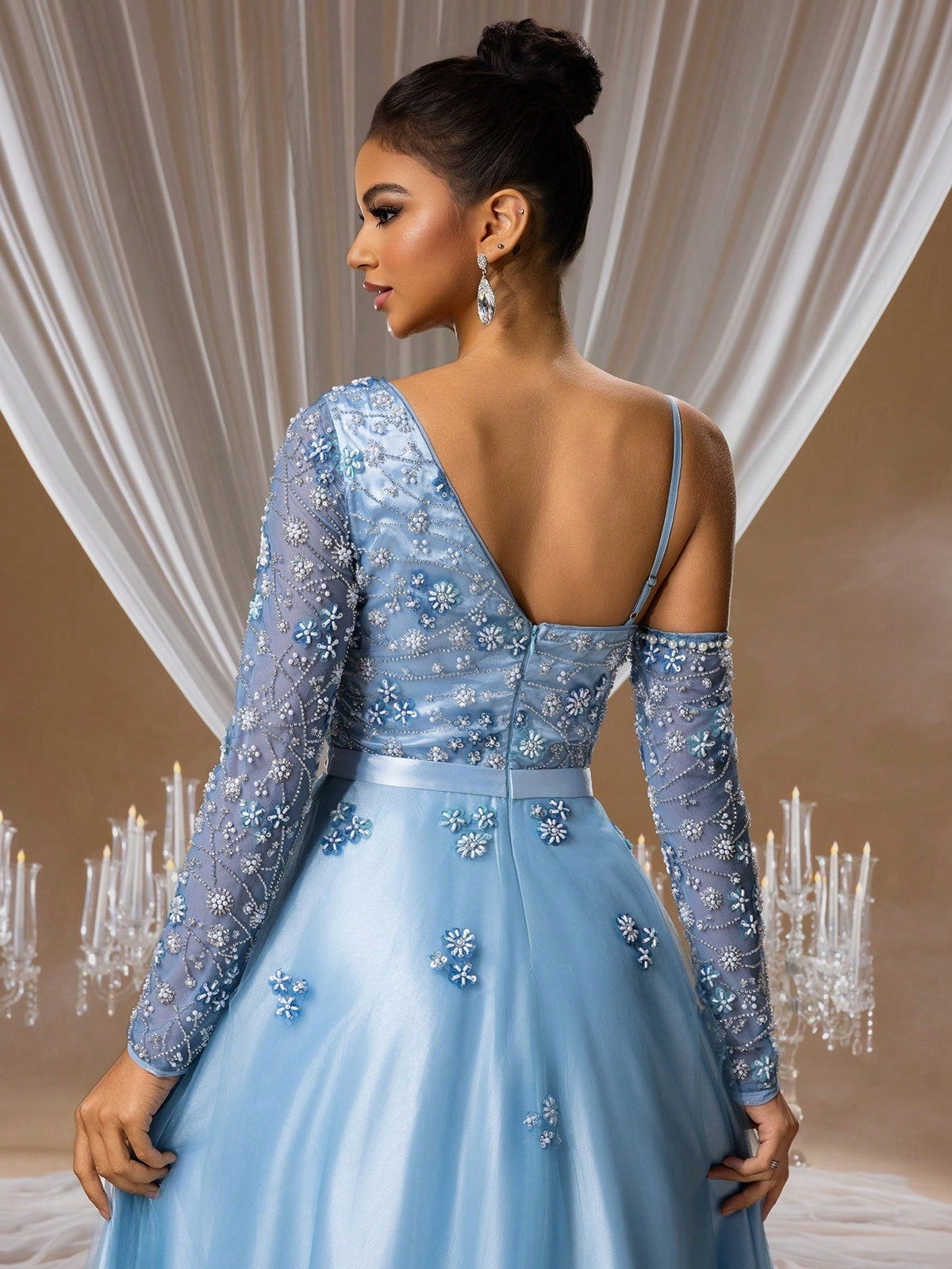 Sky Blue Floral Beaded A-Line Gown with Sheer Sleeves