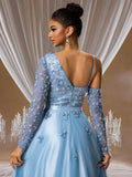 Sky Blue Floral Beaded A-Line Gown with Sheer Sleeves