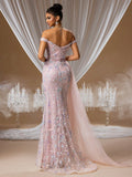 Off-Shoulder 3D Floral Beaded Mermaid Gown