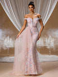 Off-Shoulder 3D Floral Beaded Mermaid Gown