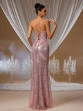 Rose Quartz Sequin Mermaid Gown with Lace-Up Back