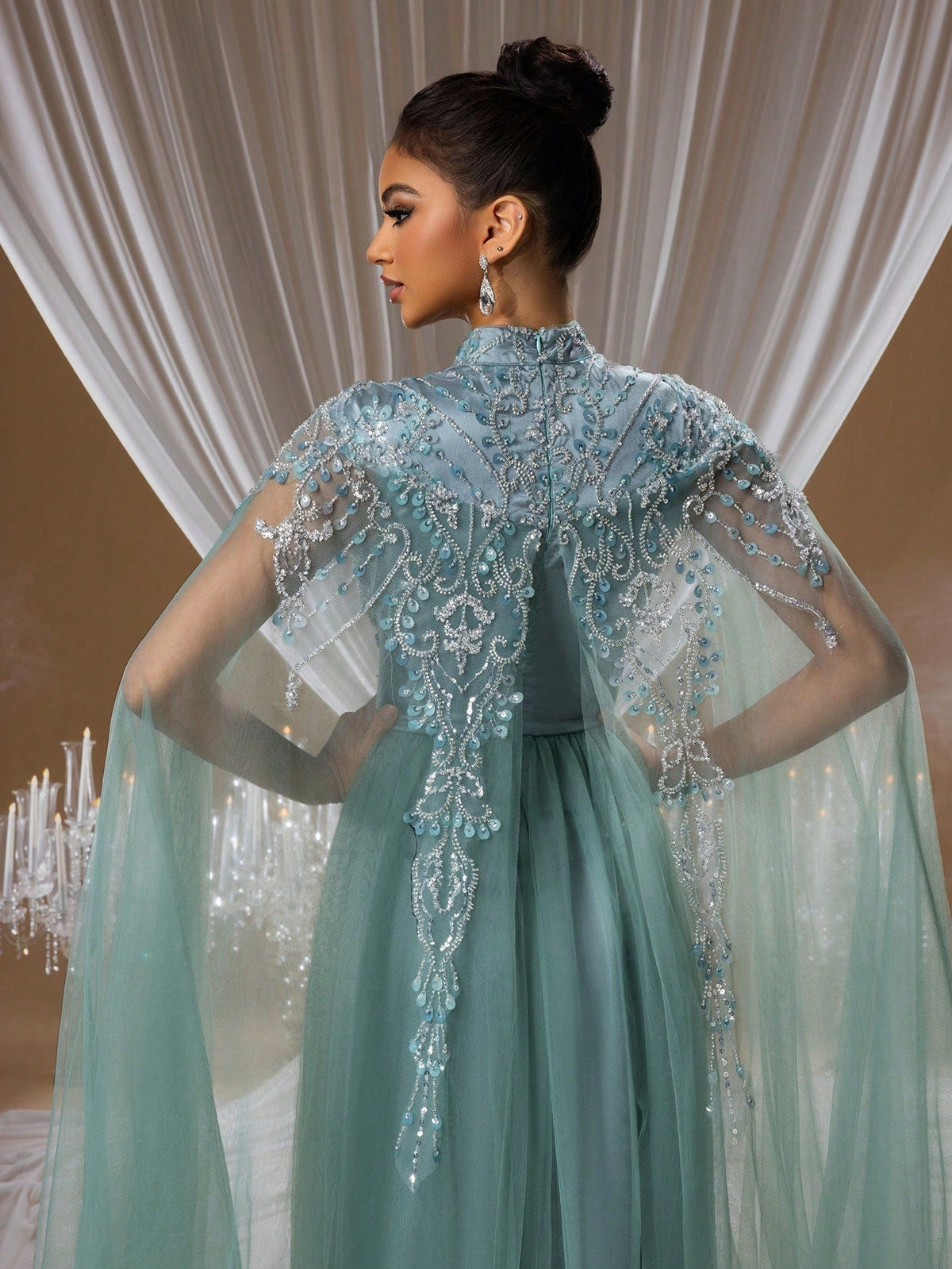 Seafoam Green Crystal Tulle Cape Evening Gown