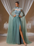 Seafoam Green Crystal Tulle Cape Evening Gown