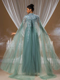 Seafoam Green Crystal Tulle Cape Evening Gown