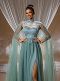 Seafoam Green Crystal Tulle Cape Evening Gown