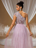 Elegant One-Shoulder Beaded Tulle Evening Dress with High Slit