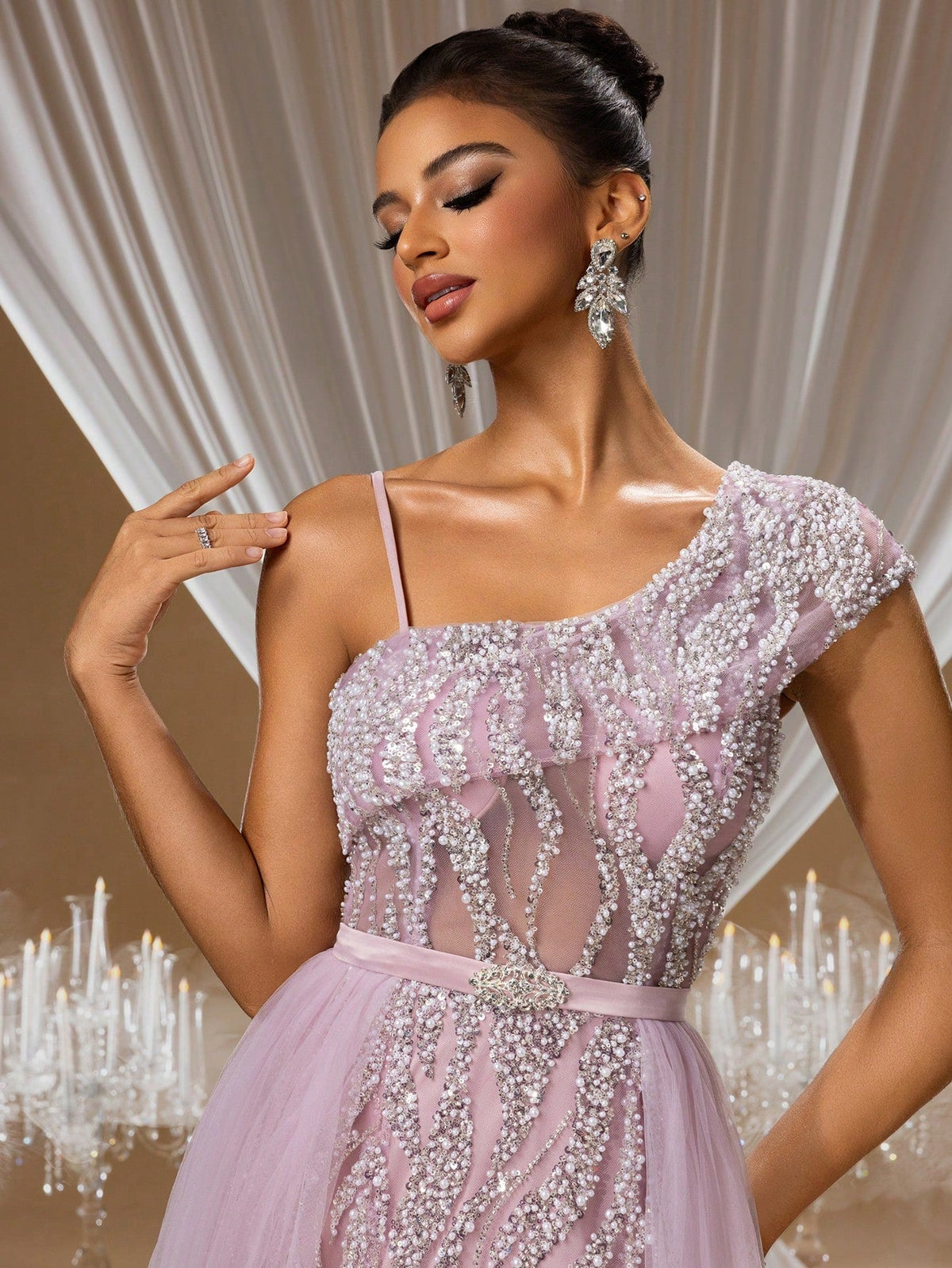 Elegant One-Shoulder Beaded Tulle Evening Dress with High Slit