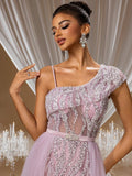Elegant One-Shoulder Beaded Tulle Evening Dress with High Slit