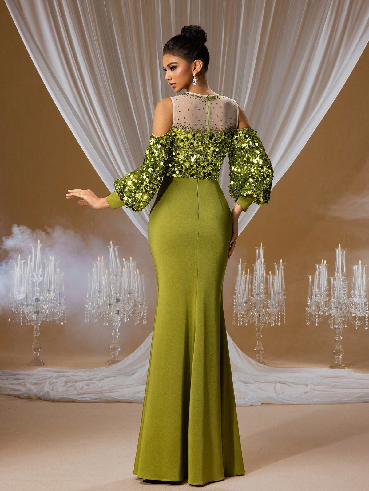Gilded Olive Sequin Mermaid Gown with Lantern Sleeves