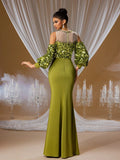 Gilded Olive Sequin Mermaid Gown with Lantern Sleeves