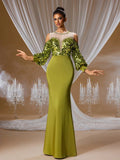 Gilded Olive Sequin Mermaid Gown with Lantern Sleeves