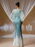 Aegean Mist Sequin Mermaid Gown with Beaded Cape Sleeves