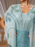 Aegean Mist Sequin Mermaid Gown with Beaded Cape Sleeves