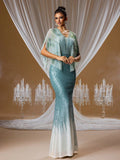 Aegean Mist Sequin Mermaid Gown with Beaded Cape Sleeves