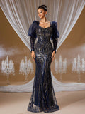Midnight Sapphire Gold Sequin Mermaid Gown with Bubble Sleeves