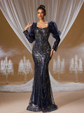 Midnight Sapphire Gold Sequin Mermaid Gown with Bubble Sleeves