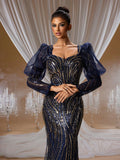 Midnight Sapphire Gold Sequin Mermaid Gown with Bubble Sleeves
