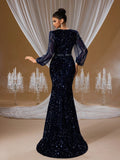 Deep Navy Blue Sequin Mermaid Gown with Sheer Lantern Sleeves