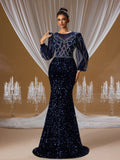 Deep Navy Blue Sequin Mermaid Gown with Sheer Lantern Sleeves