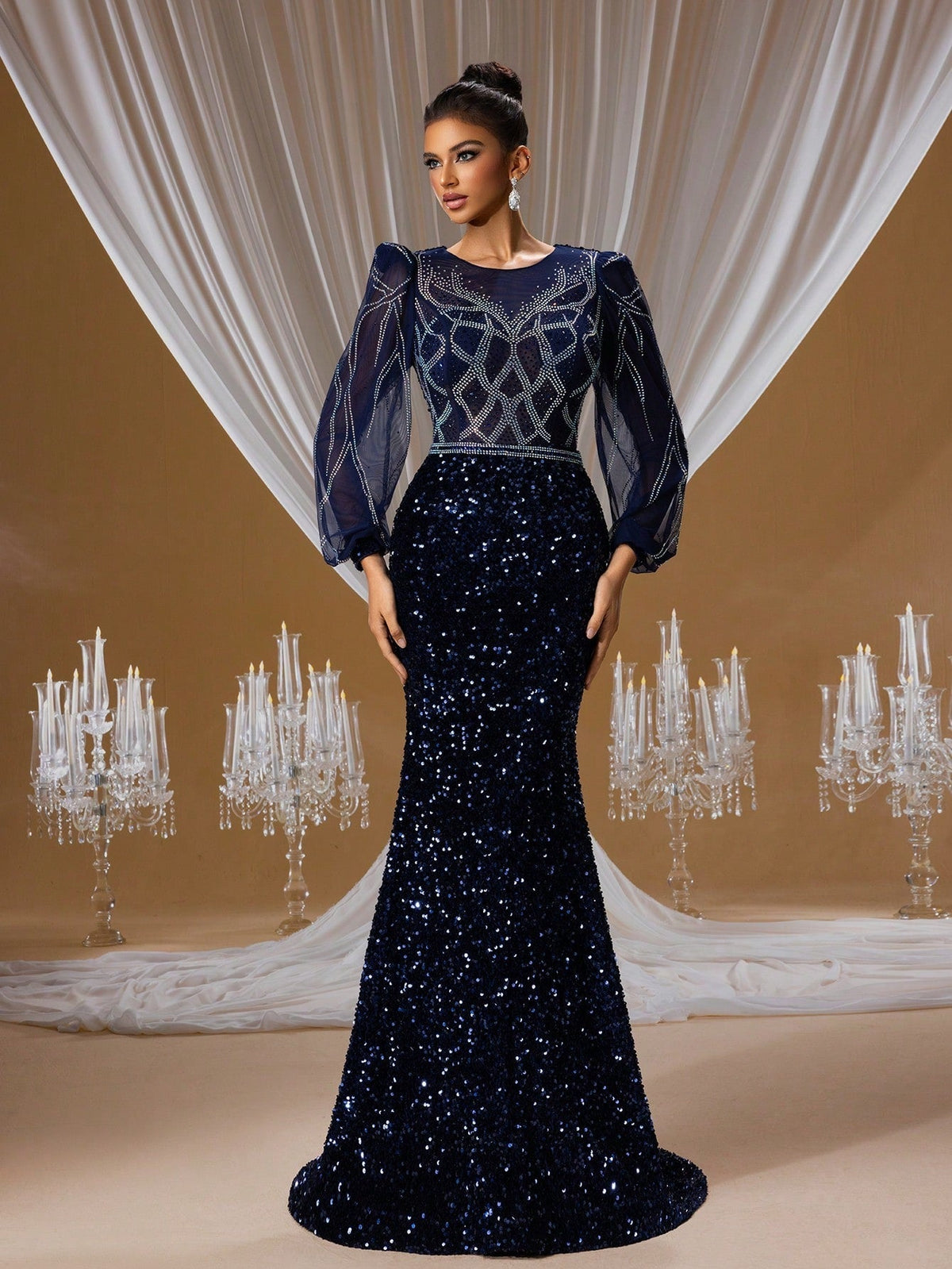 Deep Navy Blue Sequin Mermaid Gown with Sheer Lantern Sleeves