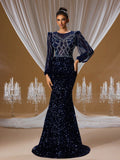 Deep Navy Blue Sequin Mermaid Gown with Sheer Lantern Sleeves