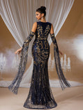 Navy Blue & Gold Sequin Mermaid Gown with Dramatic Flared Sleeves