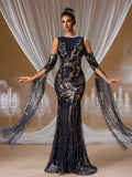 Navy Blue & Gold Sequin Mermaid Gown with Dramatic Flared Sleeves