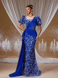 Royal Blue Embroidered Mermaid Gown with Puff Sleeves
