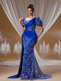 Royal Blue Embroidered Mermaid Gown with Puff Sleeves