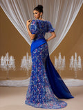 Royal Blue Embroidered Mermaid Gown with Puff Sleeves