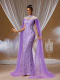 Royal Amethyst Crystal Mermaid Gown with Tulle Cape Sleeves