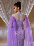 Royal Amethyst Crystal Mermaid Gown with Tulle Cape Sleeves