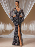 Beaded Mermaid Gown with Bell Sleeves