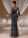 Beaded Mermaid Gown with Bell Sleeves