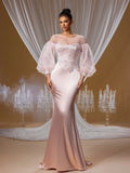 Blush Crystal Embroidered Mermaid Gown with Puffy Tulle Sleeves