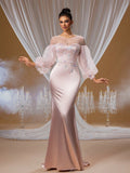 Blush Crystal Embroidered Mermaid Gown with Puffy Tulle Sleeves