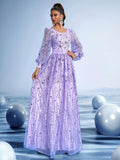 Lavender Sequin Bell Sleeve A-Line Gown