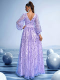 Lavender Sequin Bell Sleeve A-Line Gown