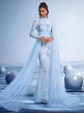 Crystal Embroidered Mermaid Gown with Sheer Cape
